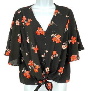 Lush Krisantha Tie Front Short Sleeve Blouse Black Floral Size Small NWT